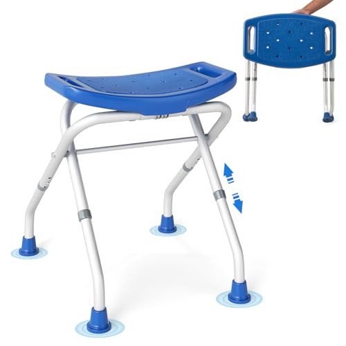 RELAX4LIFE Sgabello da Doccia Pieghevole, Sedia per Doccia in Alluminio, Altezza Regolabile 49-52,5 cm, Piedini Antiscivolo in Gomma, Sedile da Bagno per Anziani e Disabili o Riabilitazione (Blu)