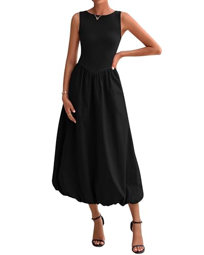 Image of BTFBM Women's 2026 Summer Casual Sleeveless Midi Dress Patchwork Knit Tank Bubble Long Flowy Beach Maxi Sundress Pockets