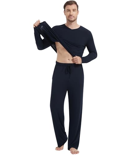 Image of NACHILA Pajamas for Men-Viscose Made from Bamboo, Long Sleeve Pajamas Set Comfy Sleepwear Pants Soft V Neck Pjs with Pockets
