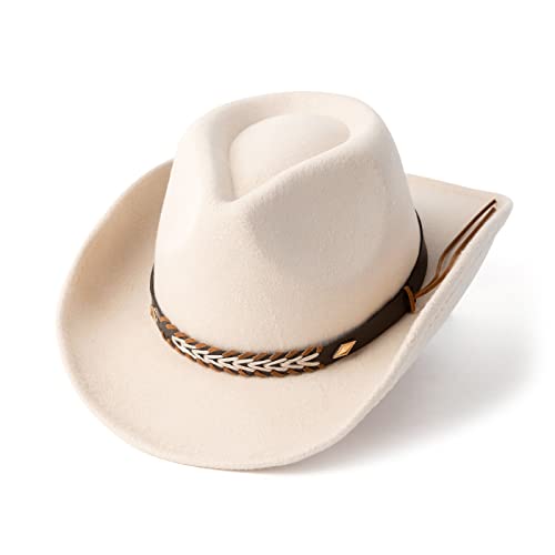 Gossifan Western Cowboy & Cowgirl Hat Felt Wide Brim Women Men Fedora Hats, Beige, Medium