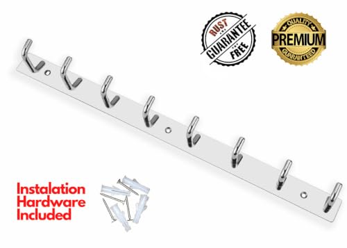 Image of Stainless Steel Cloth Hooks for Wall, Clothes Hook Hangers Door Mounted, Wall Mount Shirt Hanging Hangers, Dress Holder Pegs - 8 Pin-XL, Pack of 2, Silver