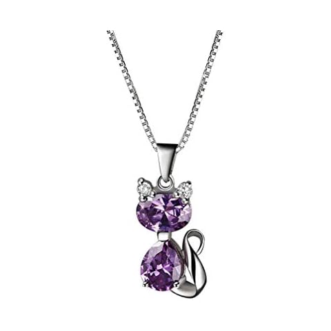 Aoneky Amethyst Cat Pendant Necklace - Valentine’s Day Gift for Her, Best Sweet Present for Women and Girls Birthday, Christmas with 18" Silver Chain and Lovely Box Cover