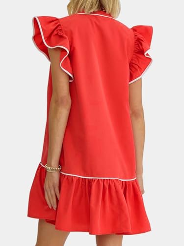 HOULENGS Women's Summer Ruffle Cap Sleeve Flowy Short Dresses Button Down V Neck A Line Babydoll Mini Dress with Pockets3