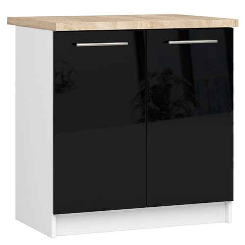 AKORD | Mueble de Cocina con encimera - Oliwia S80 | Mueble Base con 2 Puertas 2 estantes | Mueble de Entrada | Aparador | Isla | Armario | 46 x 80 x 85 cm | Blanco | Negro Brillante
