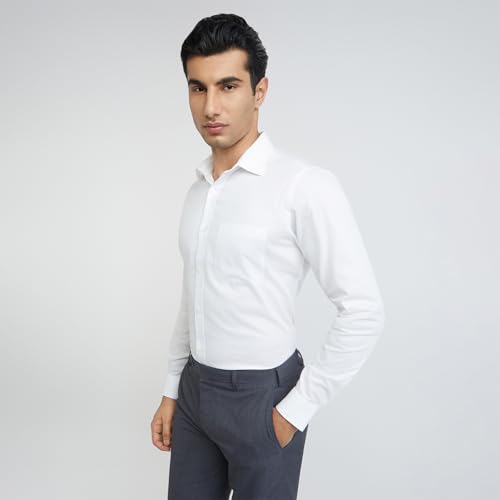 Image of Raymond Men's Slim Fit Solid Pattern Pure Cotton Semi Cut Away Collar Full Sleeve Formal Shirt