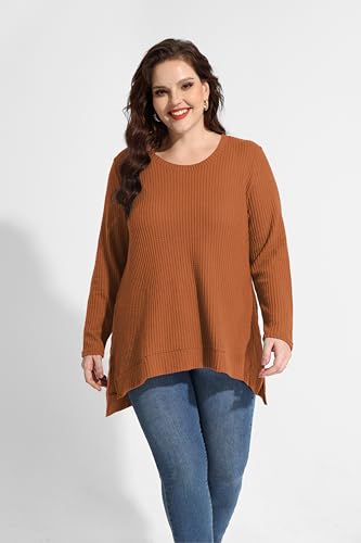 Image of RITERA Plus Size Women Sweaters Waffle Knit Pullover Top Long Sleeve Casual Crewneck Shirt Loose Split Hem Fall Winter Blouse