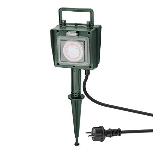 Gartensteckdose 2-fach | IP44 | mit Zeitschaltuhr | wasserfeste Außensteckdose | Outdoor 2x Steckdose Garten Stromverteiler | wetterfest | Außenbereich | mit Erdspieß | grün