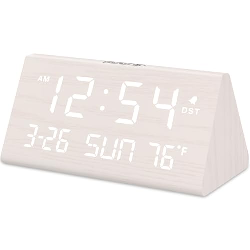 DreamSky Digital Alarm Clock for Bedrooms - Wooden Desk Clock with Date