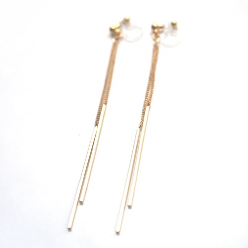 Miyabi Grace Women's Simple Long Chain Invisible Clip On Earrings Dangle Bar Gold Tone (Gold) #TOP3