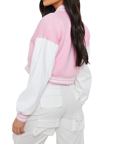Jacketzone Womens Cropped Varsity Letterman Highschool Girls Ladies Bomber Jacket2