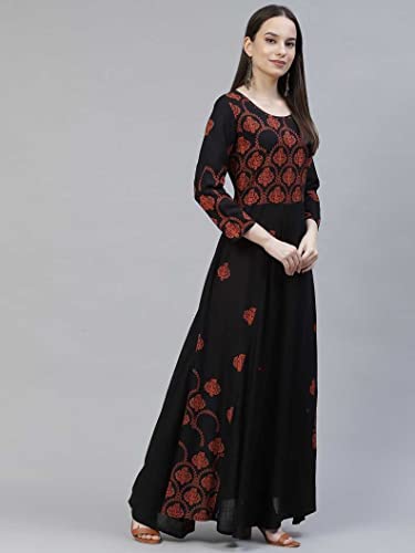 Image of Women's Floral Printed Anarkali Kurta Black Rayon A-Line Kurti for Girls