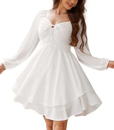 Florboom Women's Lantern Long Sleeve Dress Layered Chiffon Mini Dresses with Adjustable Ruched Bust, Tie Waist