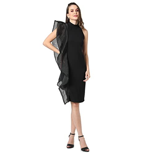 Image of PINACOLADA Women's Solid Black Slim Fit Dress with Sheer Detailing for Casual Wear | Knee Length | Crew Neck | Sleeveless | Stylish Dress Crafted with Comfort Fit & High Performance for Everyday Wear