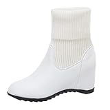 Floweworld Damenstiefeletten Wintermode Einfarbig Slip-On Keilstiefel Runde Kappe Mittelrohr Socken Stiefel Warm halten Lässige Schneeschuhe