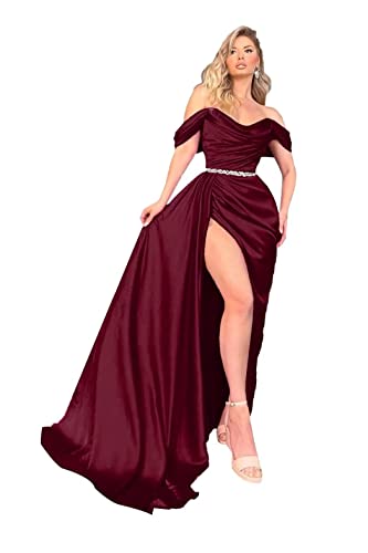 Off Shoulder Prom Dresses 2023 Satin Pleated Belt Mermaid Satin Long Split Evening Formal Gowns for Women Bridesmaid Dresses