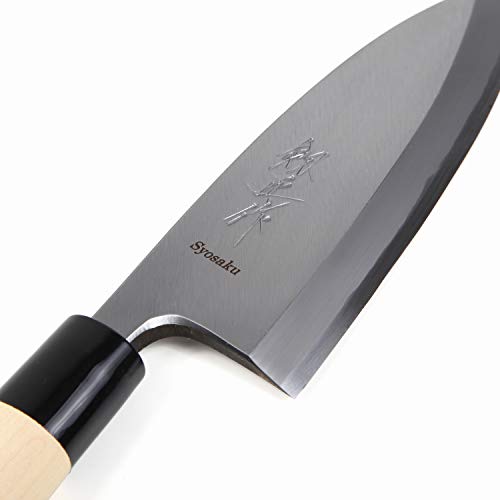 Syosaku Japanese Sushi Fillet Chef Knife Kigami(Yellow Steel)-No.2 D-Shape Magnolia Wood Handle, Deba 6-Inch (150Mm) #TOP1