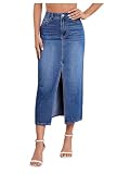 SweatyRocks Women's Casual Denim Skirt High Waist Split Front Long Jean Skirts Dark Washed S