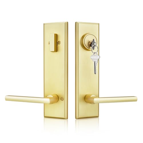 Image of Haidms Gold Front Door Handle - Entry Door Lever and Deadbolt Set, Modern Brushed Gold Exterior Door Lock Set, Square Front Door Handles