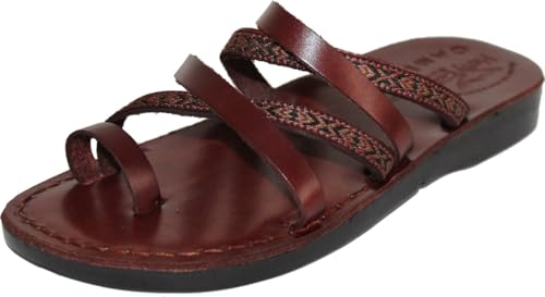 Holy Land Market Men/Women Biblical Jesus Leather/Embroidered Sandals/Slides From Jerusalem (Jonah Style)