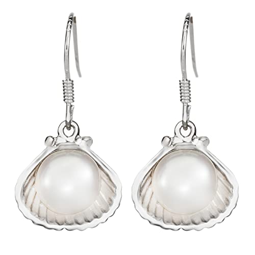 925 Sterling Silver Natural Pearl in Seashell Dangle Earrings, Nickle Free Hypoallergenic for Sensitive Skin, Freshwater Black White Pearls, Hawaiian Island Jewelry, Gift Box Included (White Pearl)