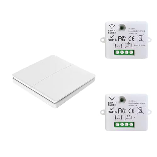 Wireless Button Set, Wireless Wall Switch, Light Switch with Receiver, 30 m Range, Wireless Kinetic Battery-Free, 2-Channel / 1-2 Button