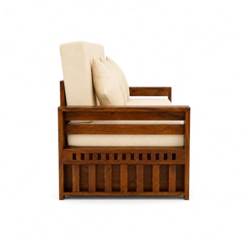 Image of SONA ART & CRAFTS Tile Sheesham Wood 3 Seater Sofa Cum Bed with Bedside | Wooden 3 Seater Sofa for Living Room Wooden Furniture Sofa Bed for Home (Natural Finish)