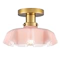 Semi Flush Mount Ceiling Light, Vintage Pink Glass Ceiling Light, Brass Pink Flush Mount Ceiling Light, Indoor Close to Ceiling Light, Flower Ceiling Light for Kitchen Entryway Bathroom Porch