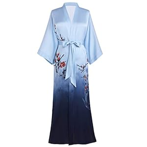 PRODESIGN Long Kimono Robe Satin Sleepwear Phoenix Handprinted Silky Kimono Nightgown Bathrobe Kimono Blouse Cardigan