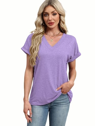 Image of EyMuse Beach Vacation Essentials Short Sleeve V Neck Tees Fashion T Shirts Loose Fit Comfy Soft Women Beach Fashion Casual Summer Blouses Clothing Trendy 2025,Purple,XL
