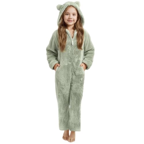 Mono Invierno para Niños y Niñas, Pijama de Una Pieza Entero con Forro Polar, Capucha con Orejas y Cremallera, Pijama Cálido de Felpa para Navidad Tallas 2-14 Años