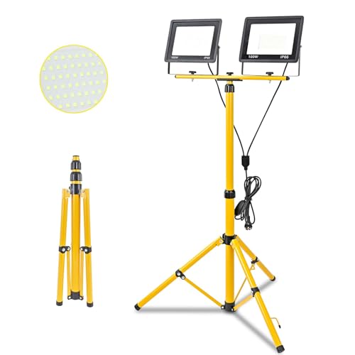 Fynokst 200W Led Baustrahler 20000LM Superhelle Arbeitsleuchte mit Verstellbarer Stativ und 3m Kabel EU Stecker Arbeitsscheinwerfer Wasserdicht IP66 für Garage Werkstatt Baustelle Kaltweiß