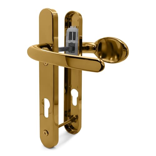 TSS Polished Brass UPVC Door Handle Pair Set, Sprung, 92mm PZ (Centres), Lever Moveable Pad, 122mm Screw to Screw (Screw centres), Backplate 245mm x 34mm - Replacement PVC Door Handle Polished Brass