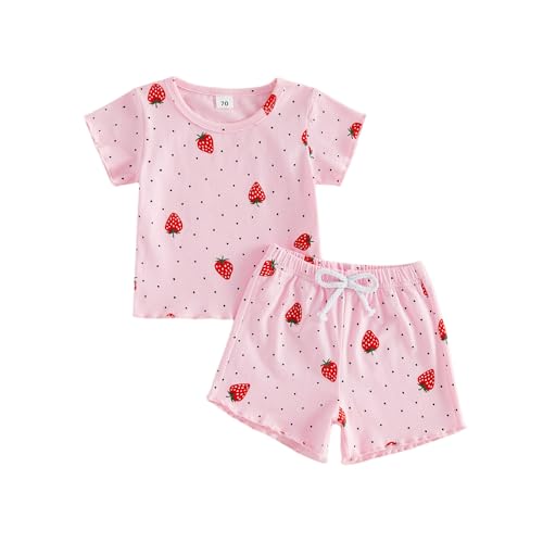 fhutpw Toddler Baby Girls Summer Outfits Daisy Ruffle Short Sleeve T-Shirts Tops Floral Shorts 2Pcs Clothes Set 6M-4T (Strawberry- Pink, 3-4T)