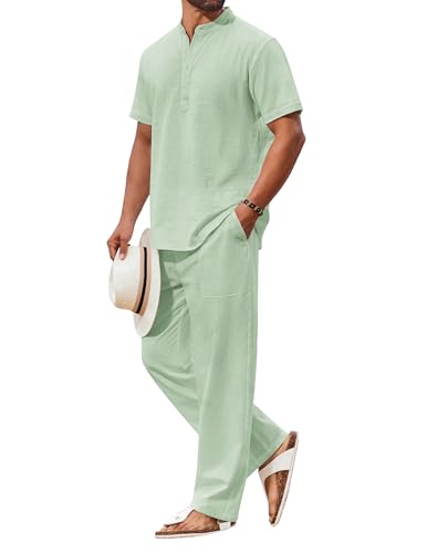 COOFANDY Men's 2 Piece Cotton Sets Casual Short Sleeve Henley Shi...