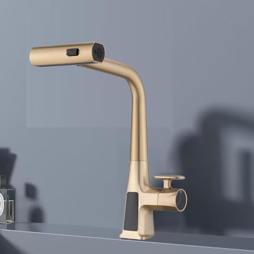 Mitigeur de cuisine cascade or brossé avec écran LED et douchette extractible