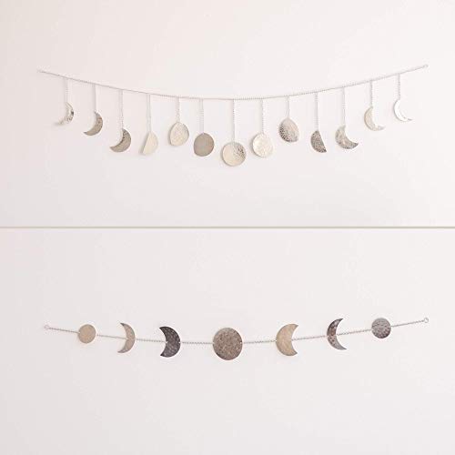 Moon Phase Wall Hanging, Handmade Hammered Silver Metal Moons Garland Boho Decor, Phases Of The Moon, Celestial Lunar Art, Bohemian Aesthetic Home Decorations For Bedroom, Headboard, Living Room #TOP11