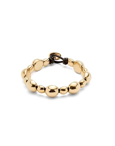 UNOde50 | Pulsera de Cuero con Cuentas Redondas Medianas y Pequeñas Bañadas en Oro 18k| Joya Artesanal | Hecho en España