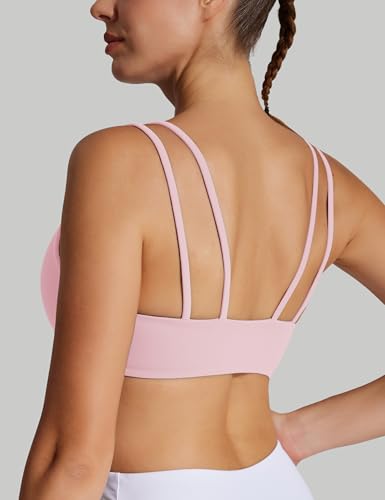 Image of Yoga Sports Workout Bras for Women Seamless Molded Cup Spaghetti Double Strap Bra Wirefree Scoop Neck Tank Top Bras