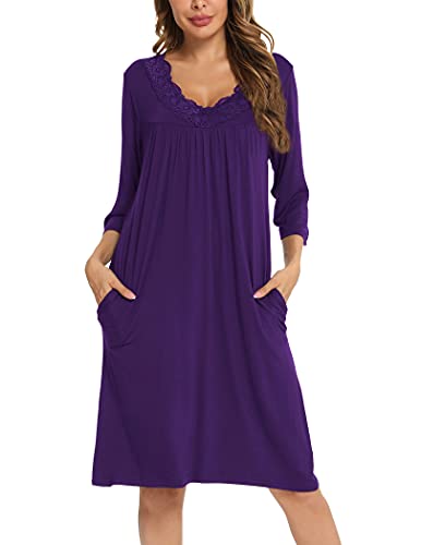 Yya Women's Nightgown 3/4 Sleeve Sleepwear Comfy Sleep Shirt V-Neck Lace Nightshirt Purple #TOP3