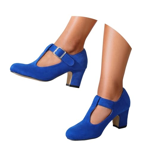 Zapatos de Tacón Clásicos con Punta Redonda y Tira en T Modernos Cómodos para Trabajo Ocasiones (Blue, 45)