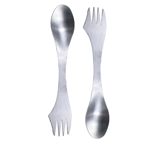 Lot de 2 couverts de camping en acier inoxydable 3 en 1, ustensiles de camping, fourchette, cuillère, couteau, multifonction, couverts portables en métal léger pour...