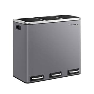 SONGMICS Kitchen Bin, 3 x 18 L Recycling Bin, 3 Compartment Rubbish Bin for Recycling and Waste, 15 Liners Included, Soft-Close Lids, Pedals, Inner Buckets, Steel, Matte Grey LTB054G01