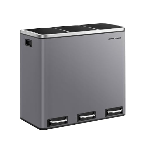 SONGMICS Mülleimer Küche, 3 x 18 L, Mülltrennsystem 3 Fächer, inklusive 15 Müllbeutel, Abfalleimer, Treteimer, für recycelbare Abfälle, Biomüll, mit Deckel, mattgrau LTB054G01