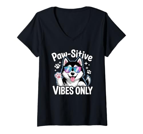 Siberian Husky Paw-sitive Vibes Only Retro Dog Lover Maglietta con donna collo a v