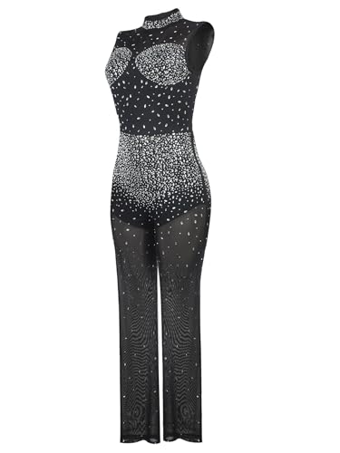 Image of Jigfar Women Sexy Sparkly Rhinestone Mesh See Through Bodycon Jumpsuit Birthday Party Club Night Outfit(FY1019,Black,M)