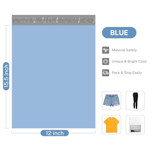 Image of Metronic Poly Mailers 12x15.5 100 Pack Self-Seal Shipping Bags, Light Blue | Strong Adhensive Mailers Poly Bags, Waterproof and Tearproof Shipping Envelopes, Medium 12x15.5 Shipping Bags for Clothing