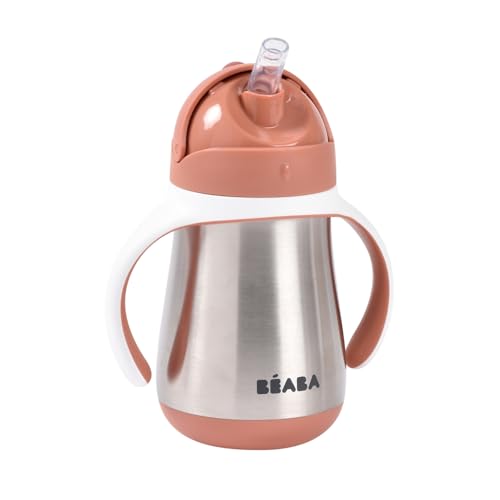 Béaba Vaso de Aprendizaje con Boquilla para Bebe, Biberón hermético, Taza Antigoteo con pajita, Antiderrame, 2 en 1, Asas extraíbles, Resistente, Inox, 250 ml, Terracotta