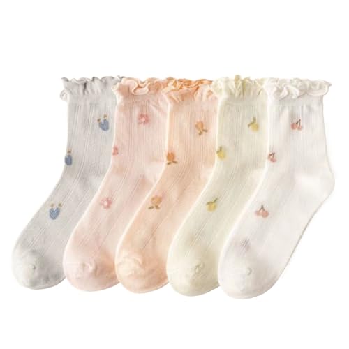 Image of 5 Pair Cute Ankle Socks for Women Coquette Bow Print Ruffle Frilly Cotton Socks Lace Trim Breathable Summer Socks