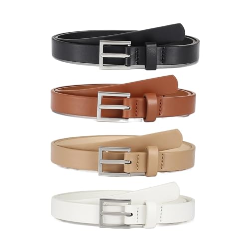 4pcs Women Skinny Leather Belt Thin Waist Belt with Metal Buckle for Pants Jeans Dresses