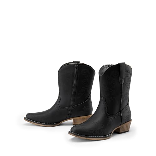 DREAM PAIRS Women's Cowboy Cowgirl Western Ankle Boots Low Chunky Heels Square Toe Fall Short Booties Shoes,Size 6,Black,SDAB2407W